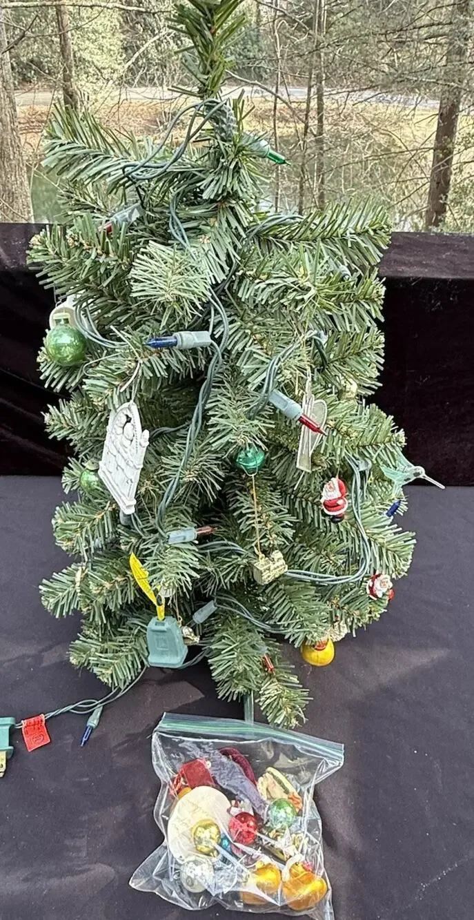 Vintage Hallmark Miniature Christmas Tree W Variety Of Ornaments Glass & More!
